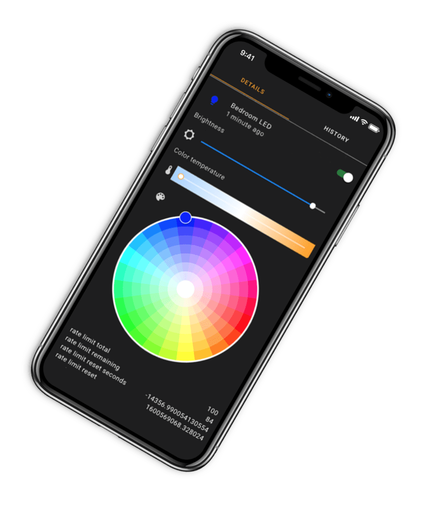 Mobile phone app used to control the colour of lightbars in V-DESK POP and Designer electric height adjustable standing desks