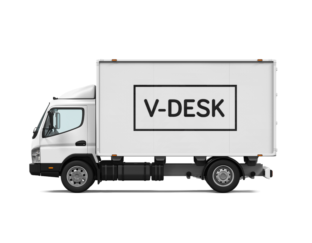 Delivery truck with V-Desk logo delivering V-Desk POP and V-DESK Designer height adjustable standing desks in the UK