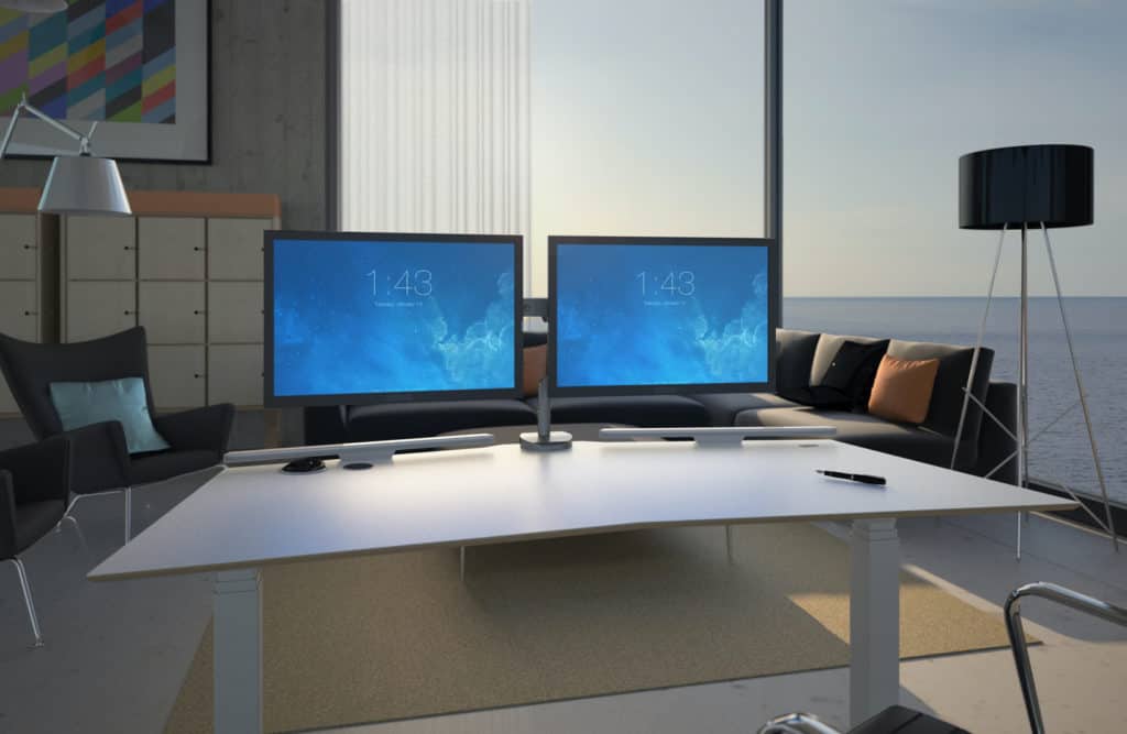 Electric height adjustable standing desk V-Desk designer with two monitors mounted on a designated monitor mount space