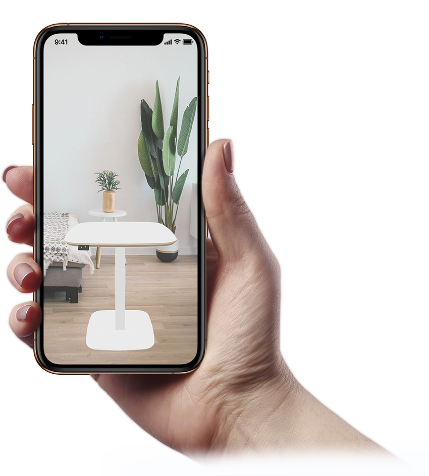 Phone with small electric height adjustable standing desk V-Desk POP in Augmented reality spaced in home office